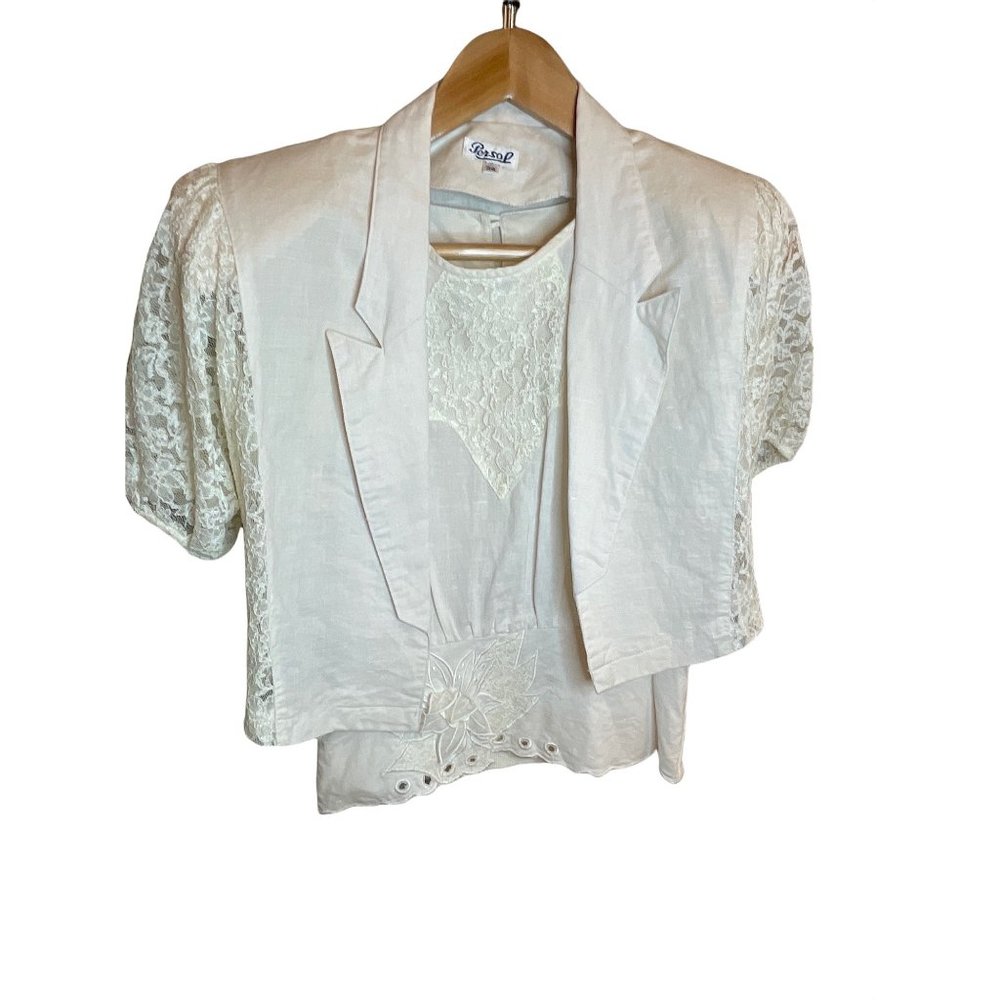 Persol Vintage White Appliquéd Lacy Jacket Set Sz small